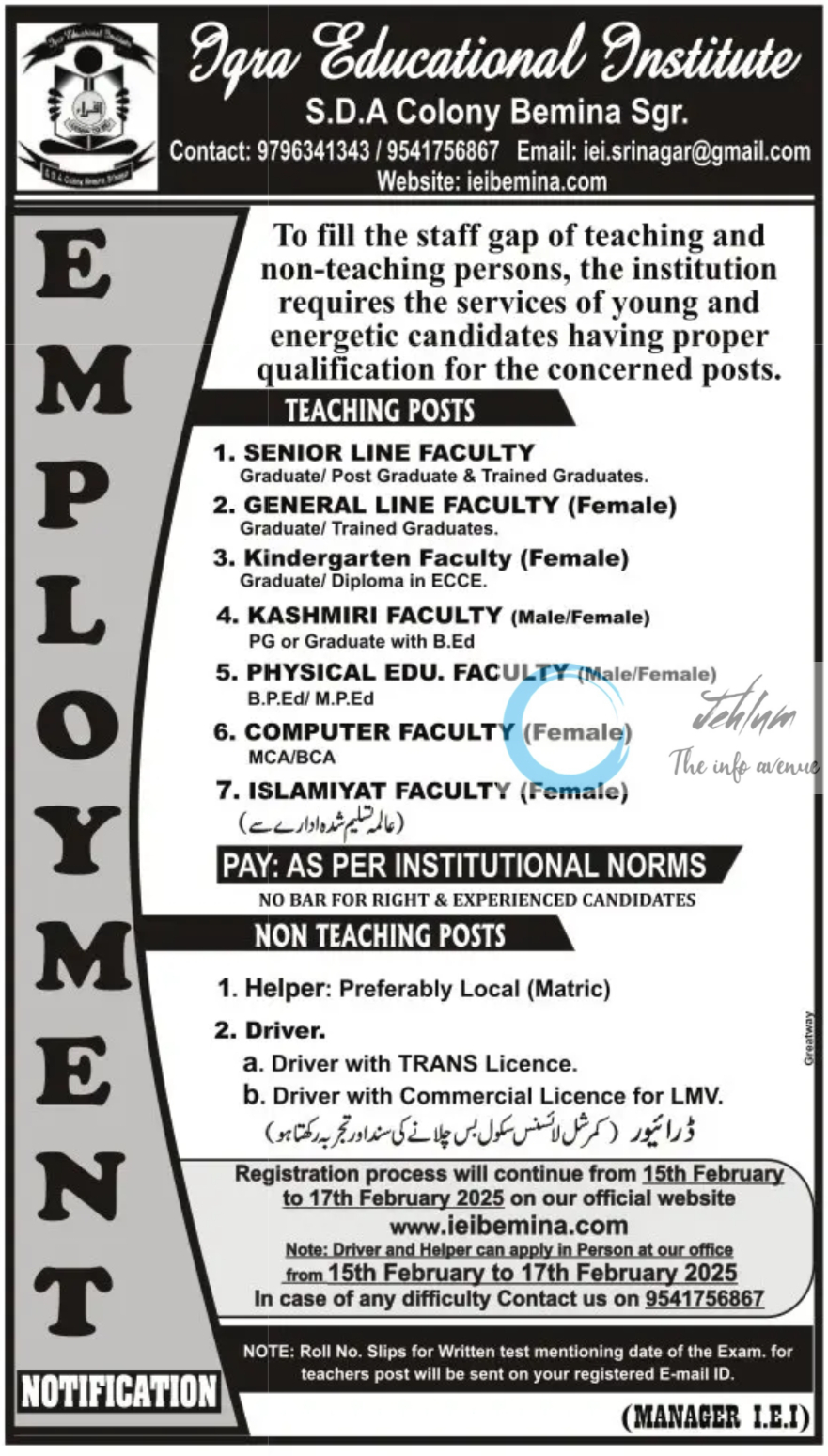 Iqra Educational Institute Srinagar Employment Notice 2025