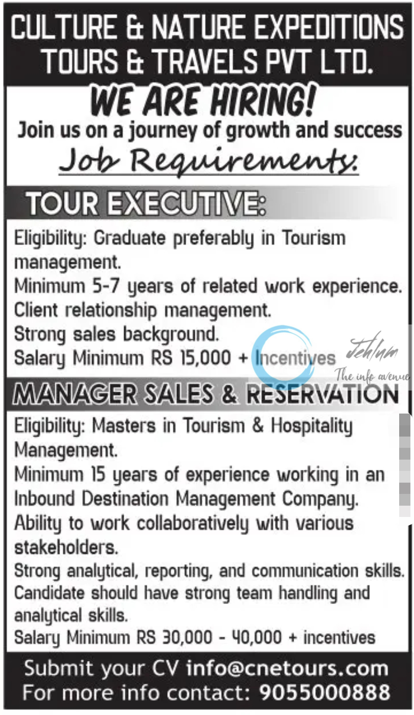 CULTURE & NATURE EXPEDITIONS TOURS & TRAVELS PVT LTD SRINAGAR JOBS OPENINGS 2025