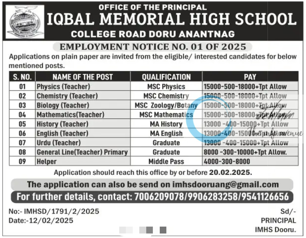 IQBAL MEMORIAL HIGH SCHOOL ANANTNAG JOBS OPENINGS 2025