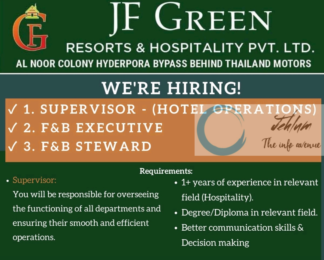 JF GREEN RESORTS & HOSPITALITY SRINAGAR JOBS OPENINGS 2025