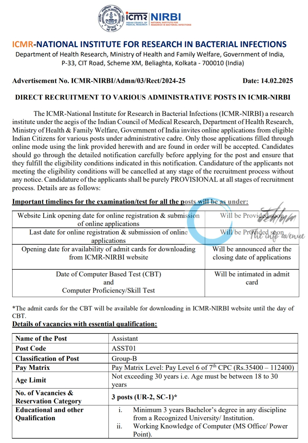 ICMR-NATIONAL INSTITUTE FOR RESEARCH IN BACTERIAL INFECTIONS RECRUITMENT ADVERTISEMENT NO ICMR-NIRBI/Admn/03/Rect/2024-25