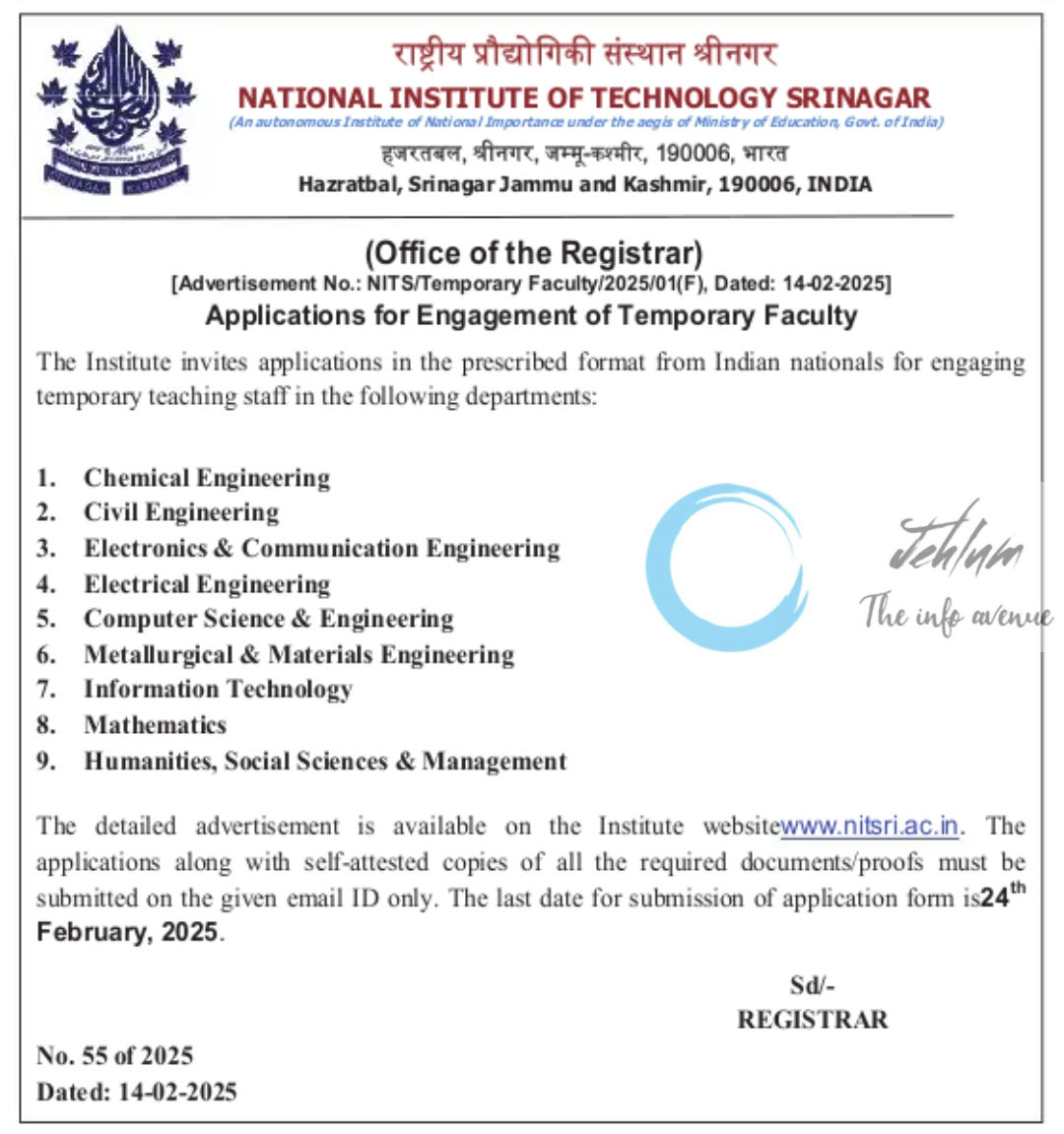 NIT Srinagar Recruitment Advertisement No NITS/Temporary Faculty/2025/01-F