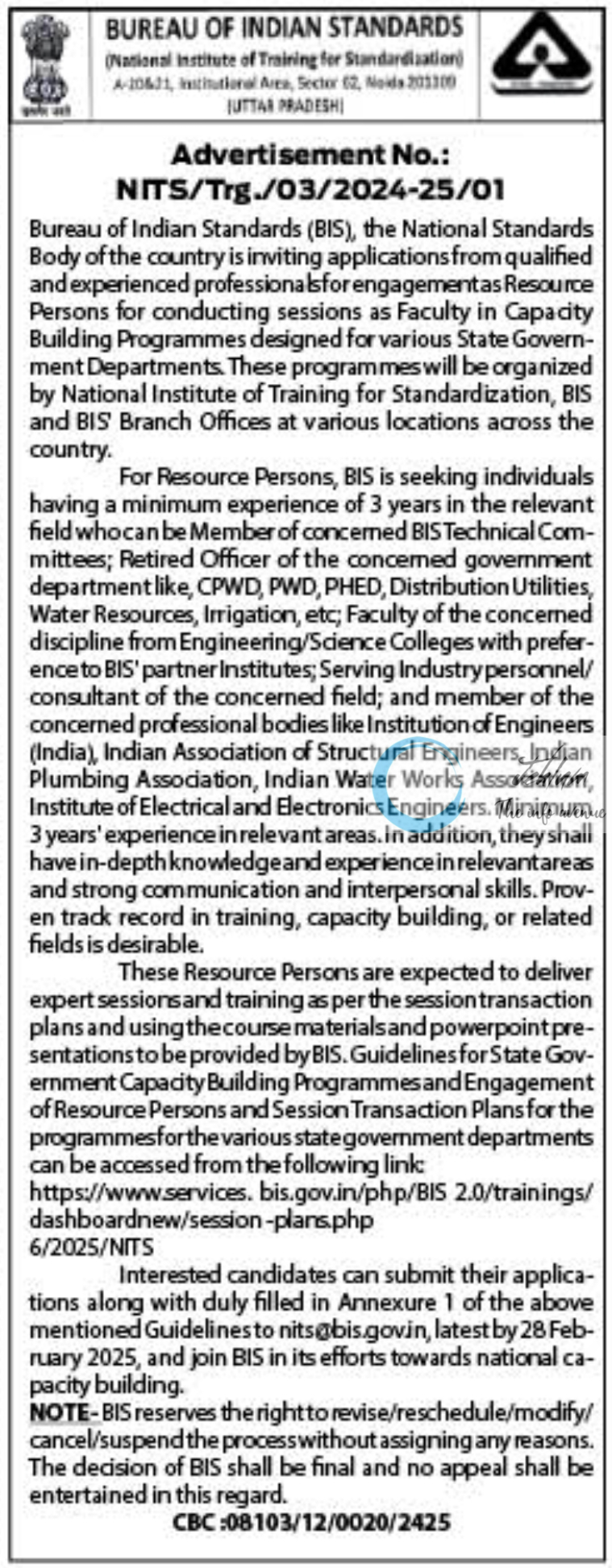 BIS National Institute of Training for Standard NITS Resource Person Recruitment Advertisement No NITS/Trg/03/2024-25/01