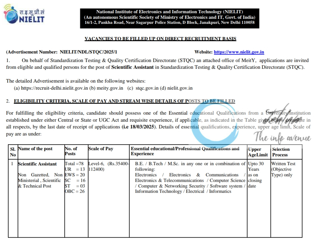 NIELIT SCIENTIFIC ASSISTANT DIRECT RECRUITMENT ADVERTISEMENT NO NIELIT/NDL/STQC/2025/1