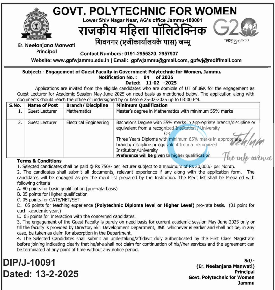 GOVT POLYTECHNIC FOR WOMEN JAMMU GUEST FACULTY RECRUITMENT NOTIFICATION NO 04 OF 2025