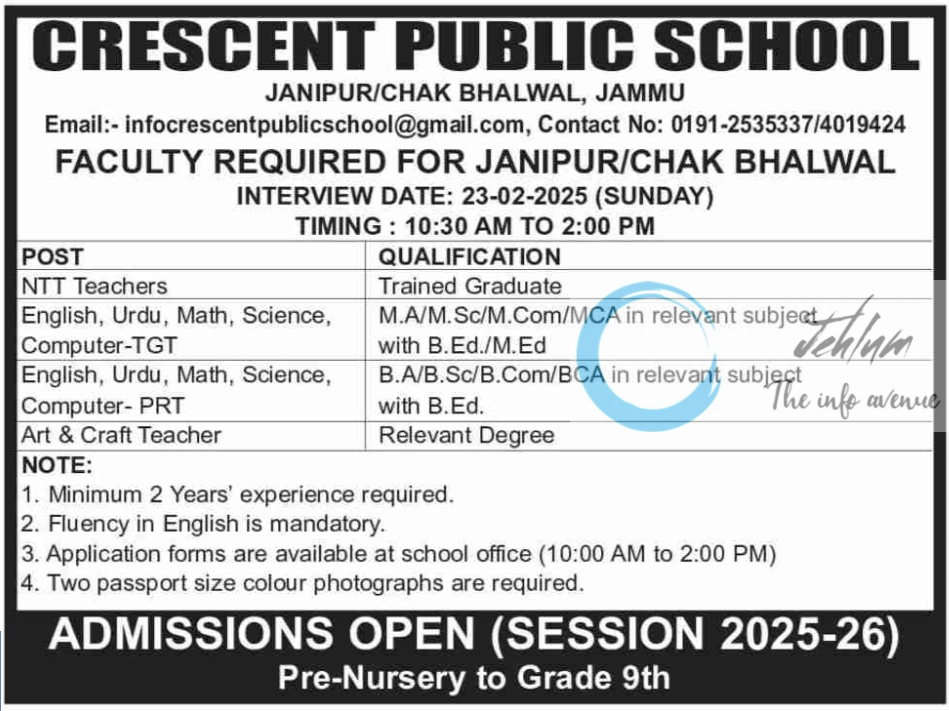 CRESCENT PUBLIC SCHOOL JAMMU FACULTY RECRUITMENT 2025