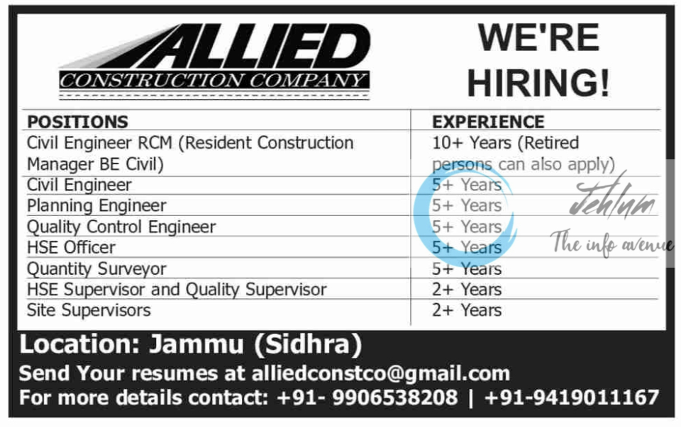 ALLIED CONSTRUCTION COMPANY JAMMU JOBS VACANCY 2025