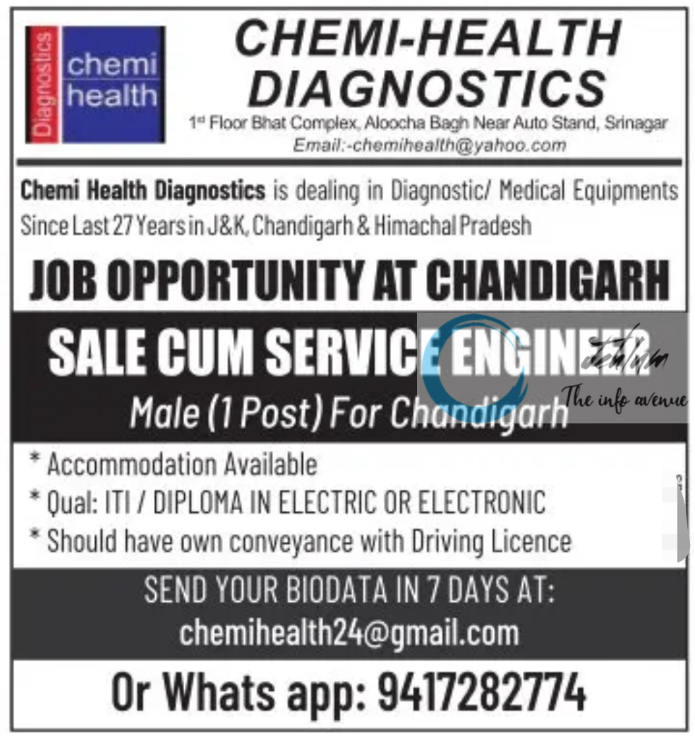 CHEMI-HEALTH DIAGNOSTICS SALE CUM SERVICE ENGINEER JOBS VACANCY 2025