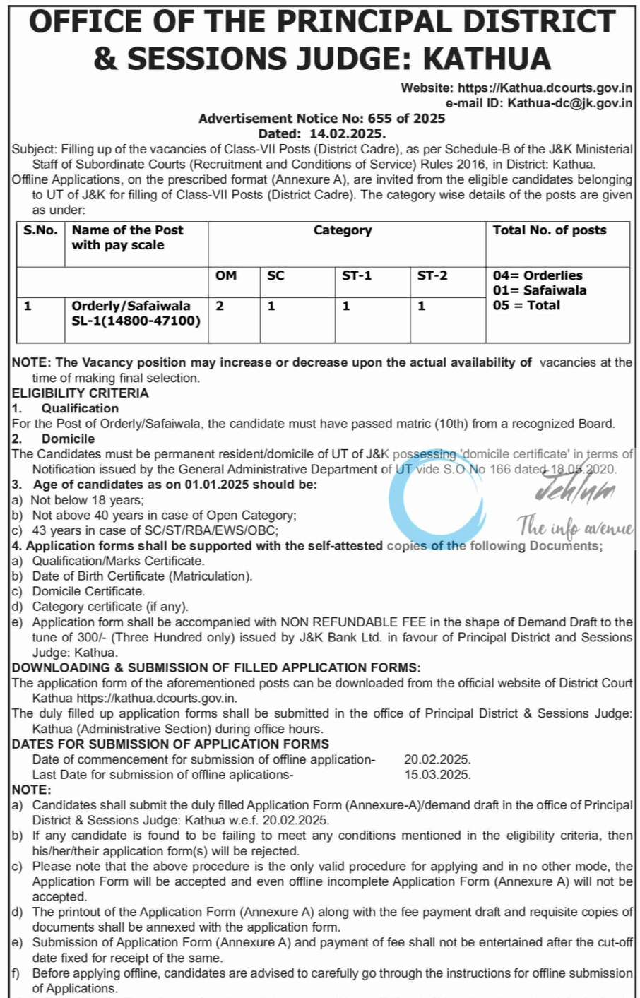 PRINCIPAL DISTRICT & SESSIONS JUDGE KATHUA CLASS-VII POSTS RECRUITMENT ADVERTISEMENT NOTICE NO 655 of 2025