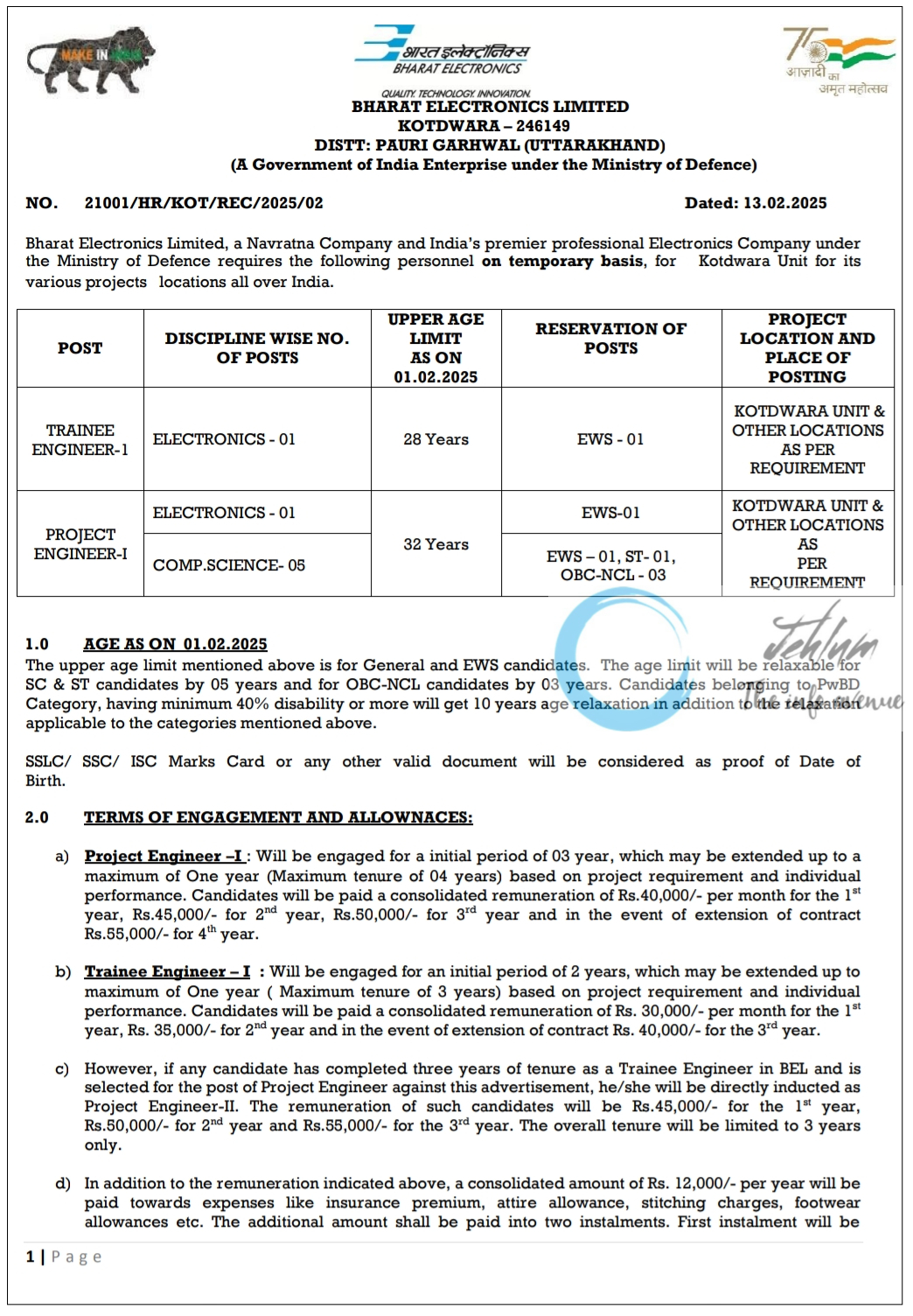 BHARAT ELECTRONICS LIMITED BEL TRAINEE/PROJECT ENGINEER RECRUITMENT ADVT NO 21001/HR/KOT/REC/2025/02