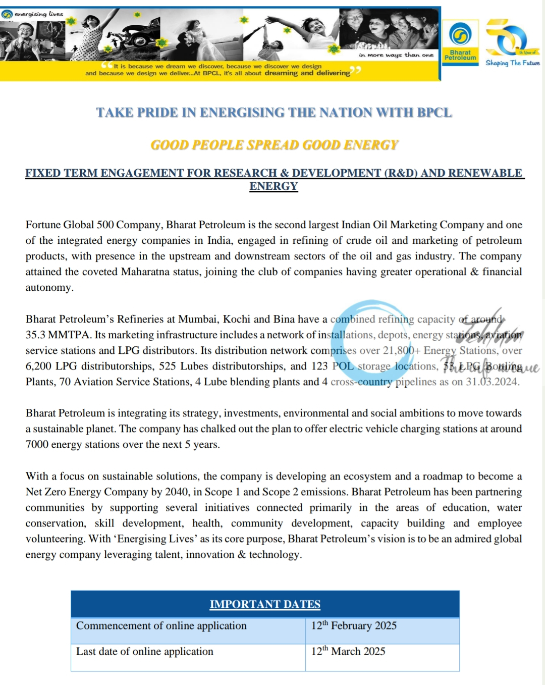 Bharat Petroleum BPCL RESEARCH & DEVELOPMENT R&D/ RENEWABLE ENERGY RECRUITMENT ADVERTISEMENT NOTICE 2025