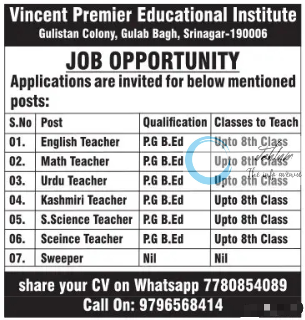 Vincent Premier Educational Institute Srinagar Jobs Opportunity 2025