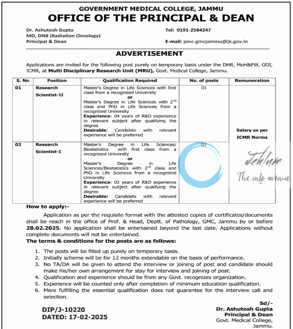 GMC JAMMU Multi Disciplinary Research Unit MRU Recruitment Advertisement Notice 2025