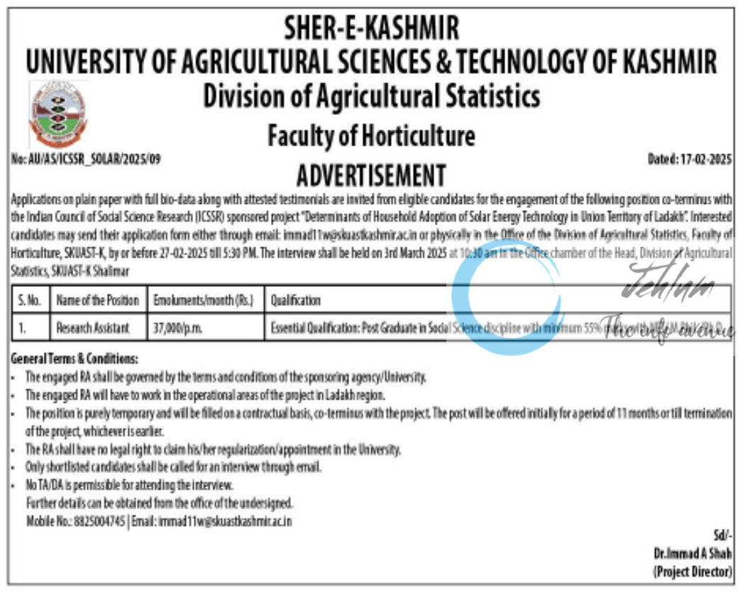 SKUAST Kashmir Division of Agricultural Statistics Faculty of Horticulture Research Assistant Advertisement No AU/AS/ICSSR SOLAR/2025/09