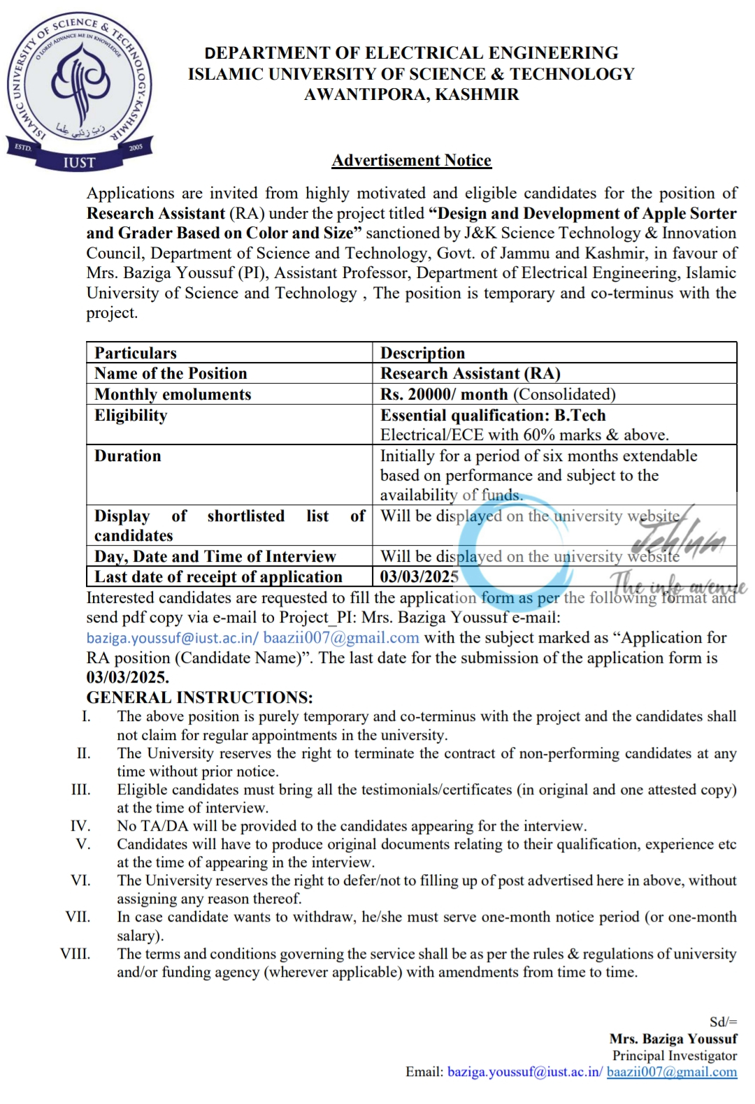 IUST AWANTIPORA DEPTT OF ELECTRICAL ENGINEERING RESEARCH ASSISTANT ADVERTISEMENT NOTICE 2025