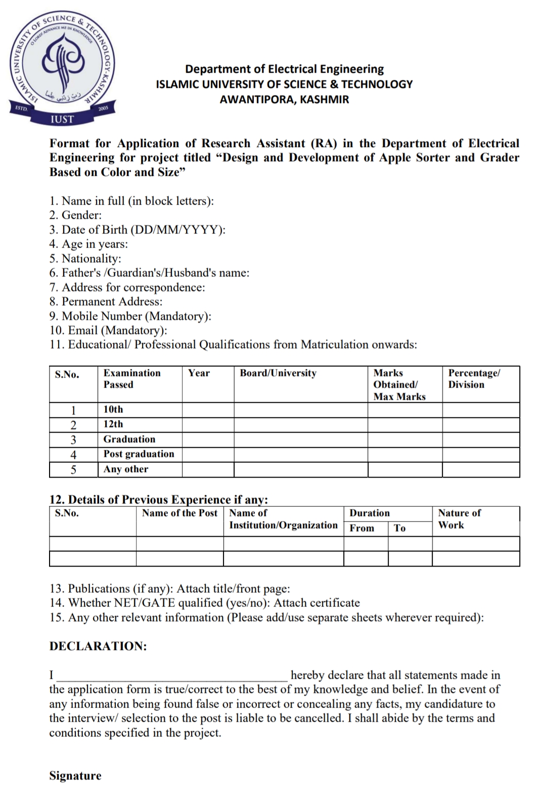 IUST AWANTIPORA DEPTT OF ELECTRICAL ENGINEERING RESEARCH ASSISTANT ADVERTISEMENT NOTICE 2025