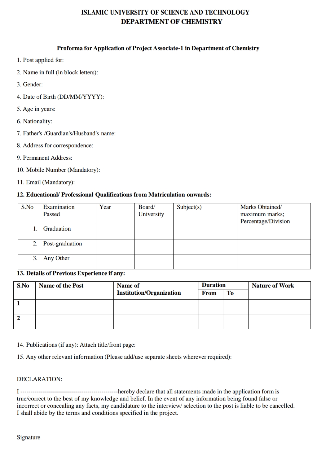 IUST DEPTT OF CHEMISTRY Project Associate Walk-in Interview Notification 2025