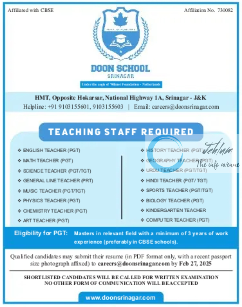 DOON SCHOOL SRINAGAR TEACHING STAFF JOBS OPENINGS 2025