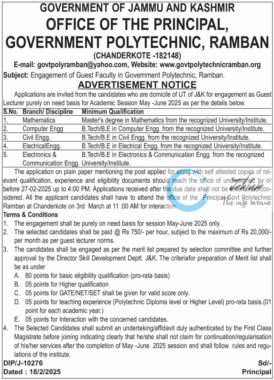 GOVT POLYTECHNIC RAMBAN GUEST FACULTY ENGAGEMENT ADVERTISEMENT NOTICE 2025