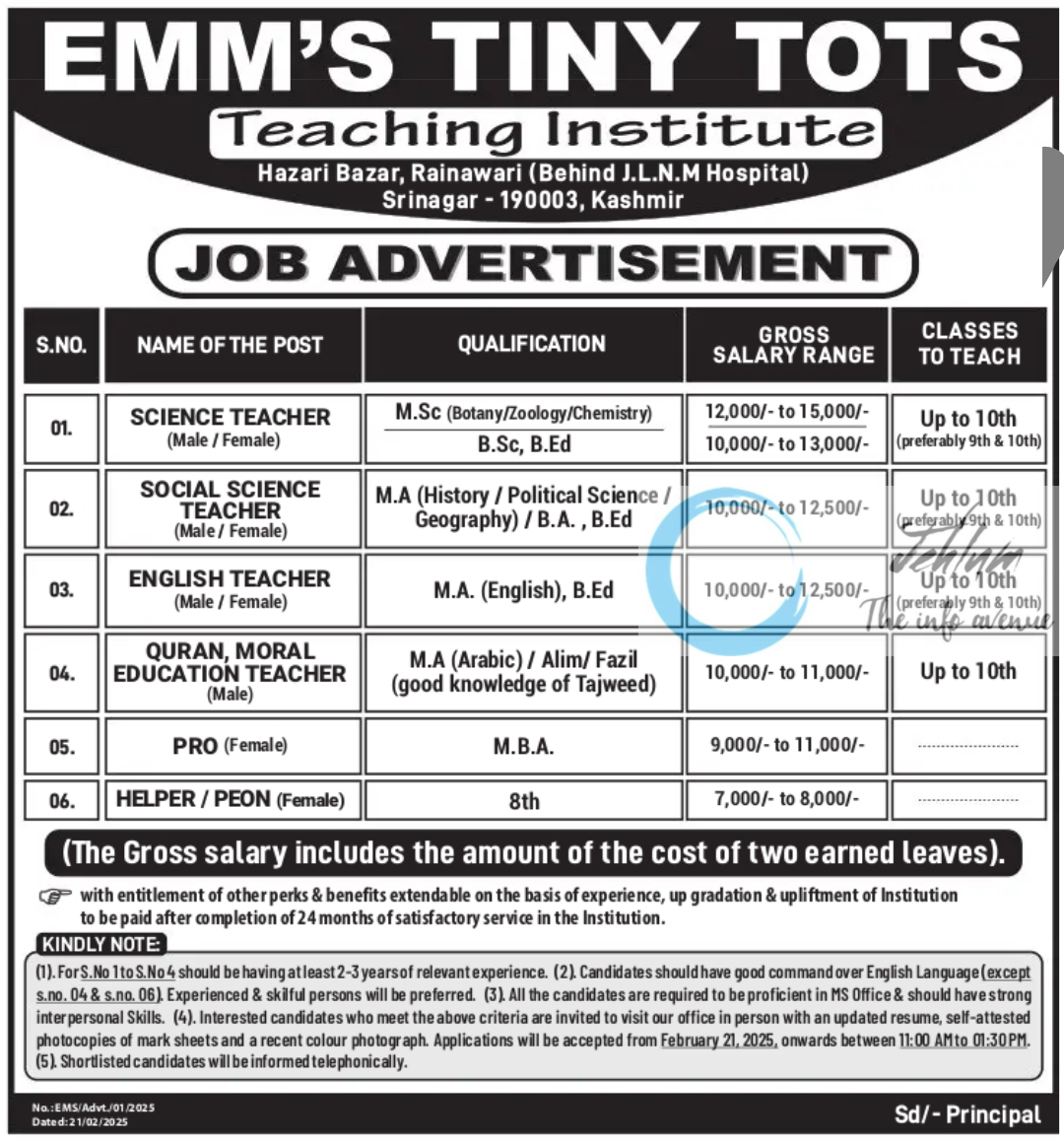 EMM'S TINY TOTS TEACHING INSTITUTE SRINAGAR JOB ADVERTISEMENT 2025