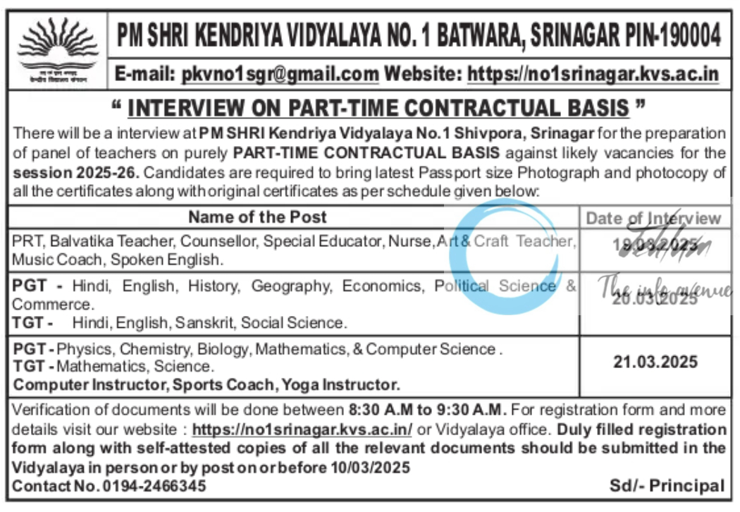 KENDRIYA VIDYALAYA NO 1 SRINAGAR PART-TIME CONTRACTUAL RECRUITMENT ADVT 2025