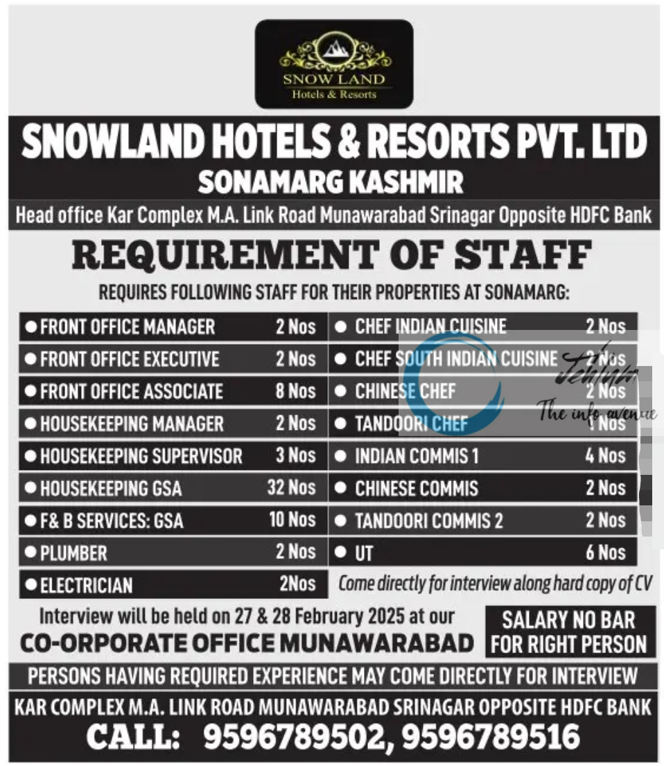 SNOWLAND HOTELS & RESORTS PVT LTD SONAMARG JOBS OPENINGS 2025