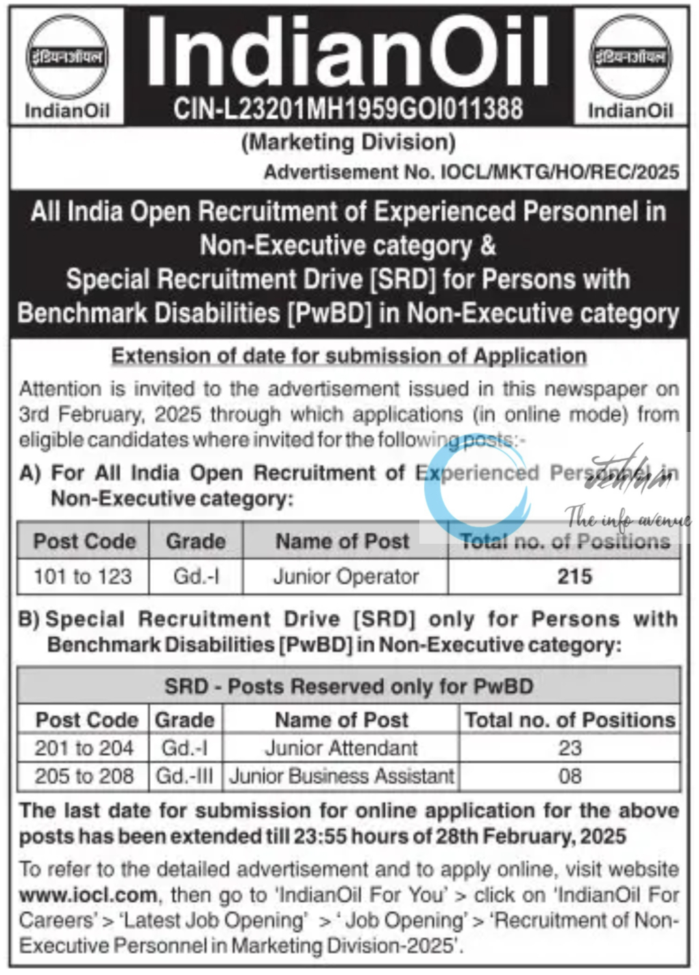 Indian Oil Marketing Division Advertisement No IOCL/MKTG/HO/REC/2025