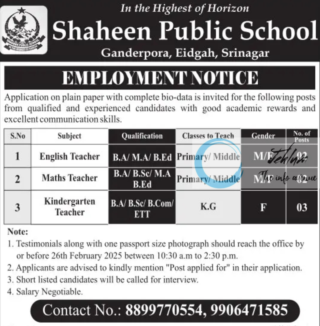 Shaheen Public School Srinagar Employment Notice 2025