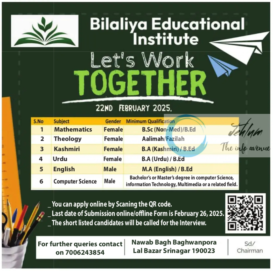 Bilaliya Educational Institute Srinagar Jobs Vacancy 2025