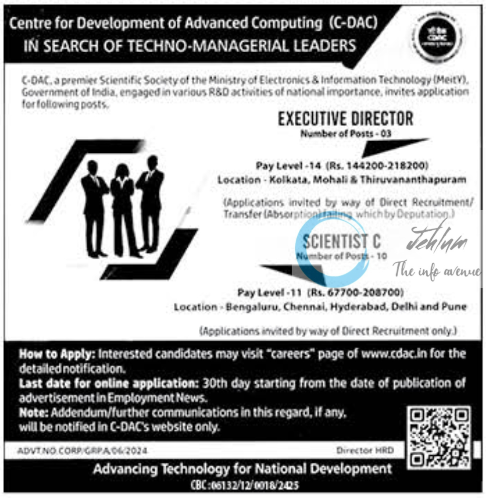 C-DAC EXECUTIVE DIRECTOR/SCIENTIST C RECRUITMENT ADVT NO CORP/GR A/05/2024