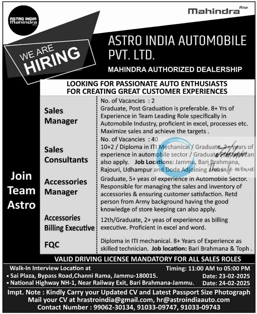 ASTRO INDIA AUTOMOBILE PVT LTD JAMMU JOBS OPENINGS 2025