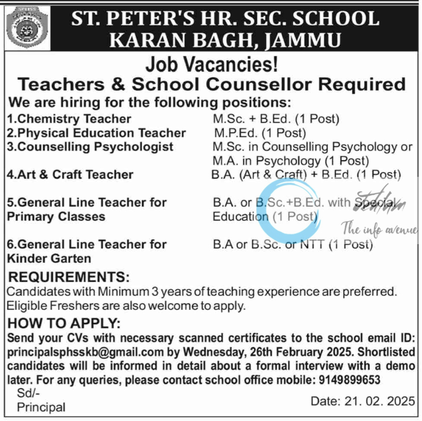 ST PETERS HR SEC SCHOOL JAMMU JOB VACANCIES 2025