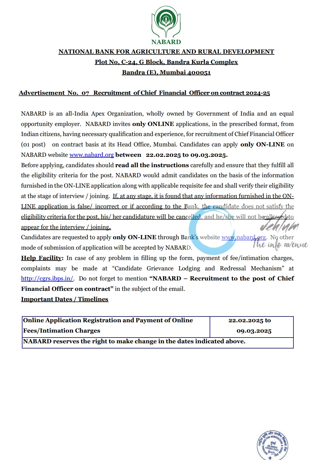 NABARD Chief Financial Officer Recruitment Advertisement No 07 Of 2025