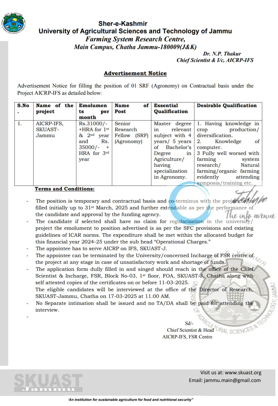 SKUAST Jammu Farming System Research Centre SRF Agronomy Advertisement Notice 2025