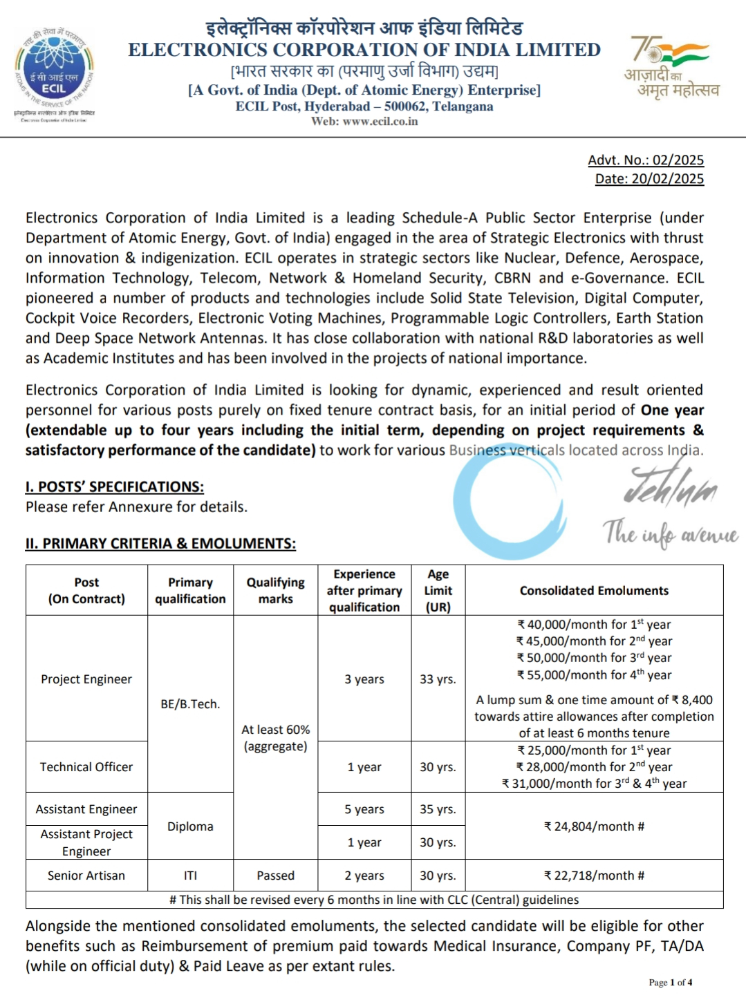 ELECTRONICS CORPORATION OF INDIA LIMITED ECIL PROJECT ENGINEER/ TECHNICAL OFFICER RECRUITMENT ADVT NO 02/2025