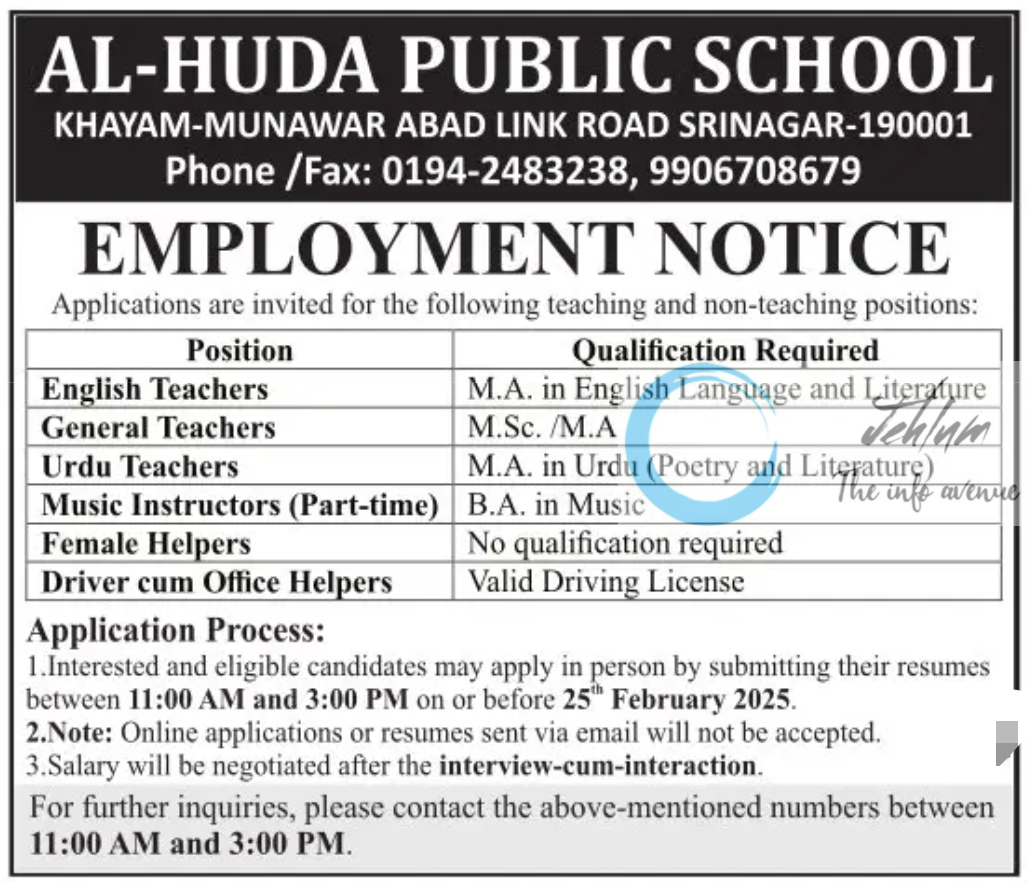 AL-HUDA PUBLIC SCHOOL SRINAGAR EMPLOYMENT NOTICE 2025