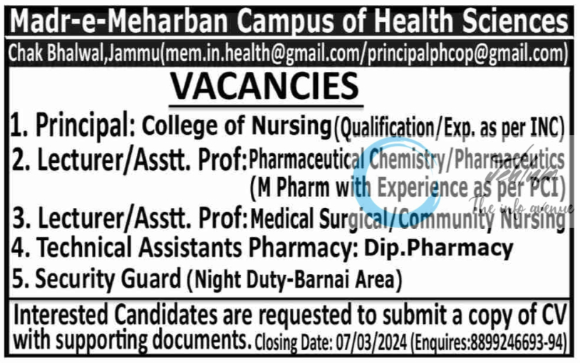 Madr-e-Meharban Campus of Health Sciences Jammu Jobs Vacancies 2025