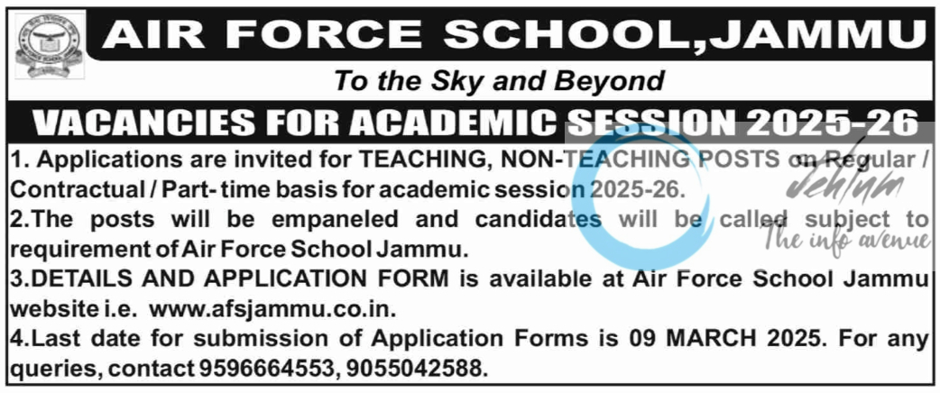 AIR FORCE SCHOOL JAMMU JOBS VACANCIES 2025