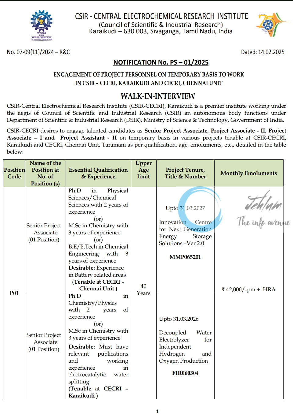 CSIR-CENTRAL ELECTROCHEMICAL RESEARCH INSTITUTE CECRI PROJECT PERSONNEL WALK-IN-INTERVIEW NOTIFICATION NO PS-01/2025