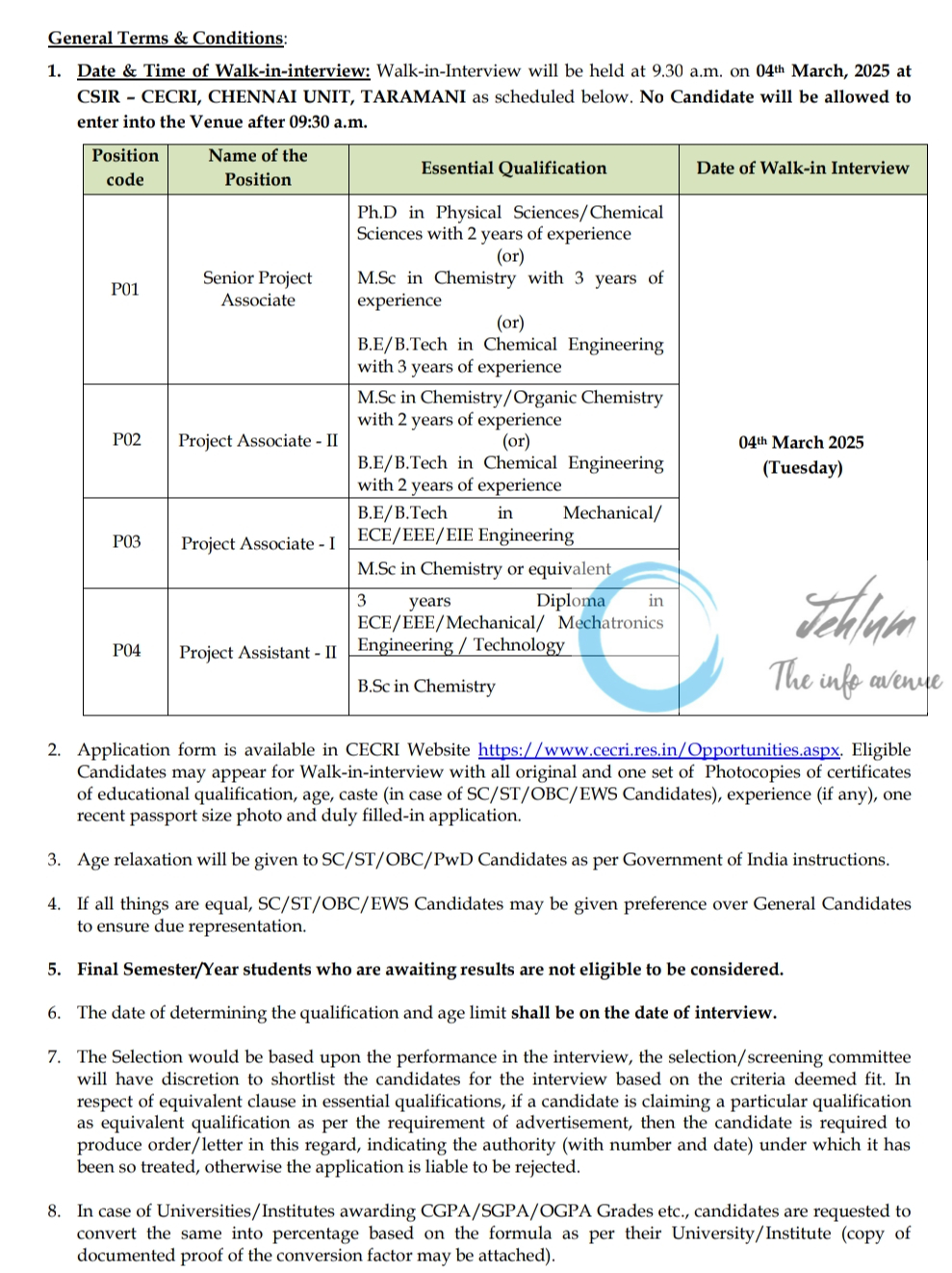 CSIR-CENTRAL ELECTROCHEMICAL RESEARCH INSTITUTE CECRI PROJECT PERSONNEL WALK-IN-INTERVIEW NOTIFICATION NO PS-01/2025