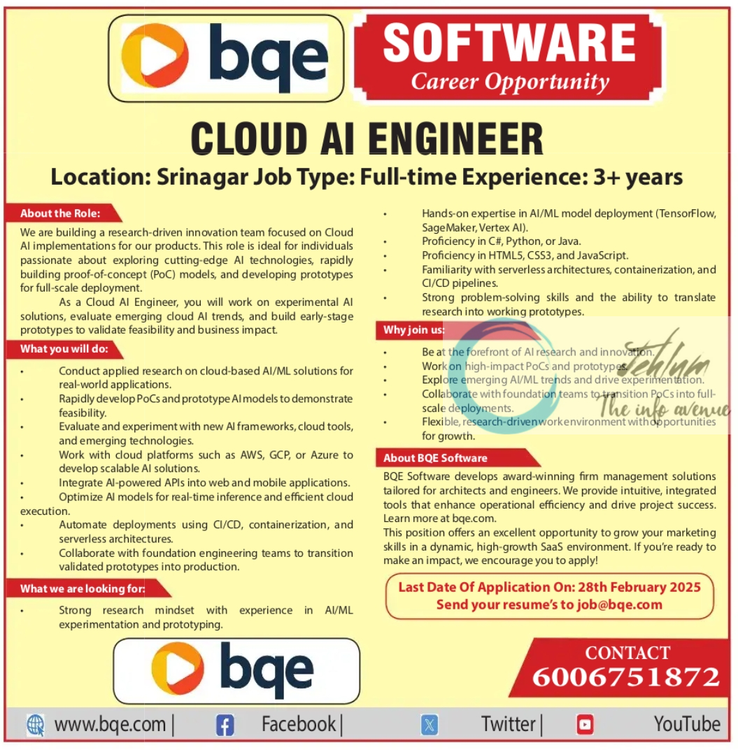 BQE SOFTWARE SRINAGAR CLOUD AI ENGINEER JOBS OPPORTUNITY 2025