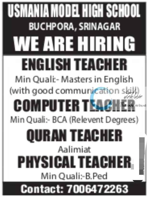 USMANIA MODEL HIGH SCHOOL SRINAGAR JOBS VACANCY 2025