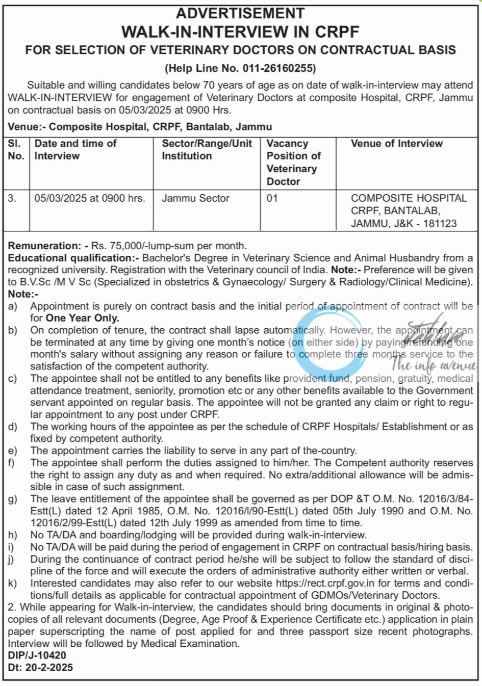 CRPF JAMMU VETERINARY DOCTORS WALK-IN-INTERVIEW ADVERTISEMENT NOTICE 2025