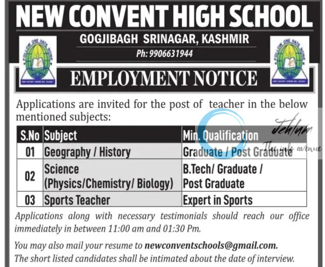 NEW CONVENT HIGH SCHOOL SRINAGAR EMPLOYMENT NOTICE 2025