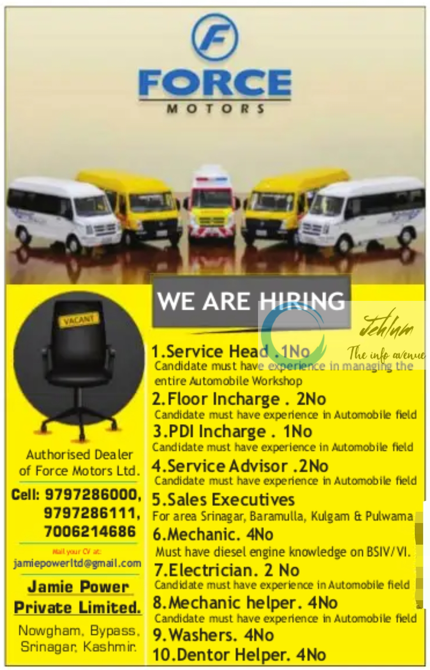 Jamie Power Force Motors Srinagar Jobs Vacancy 2025