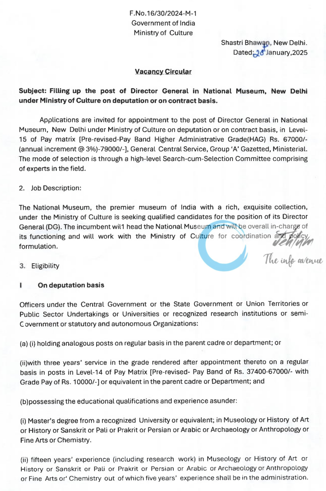 Ministry of Culture National Museum New Delhi Director General Vacancy Circular 2025