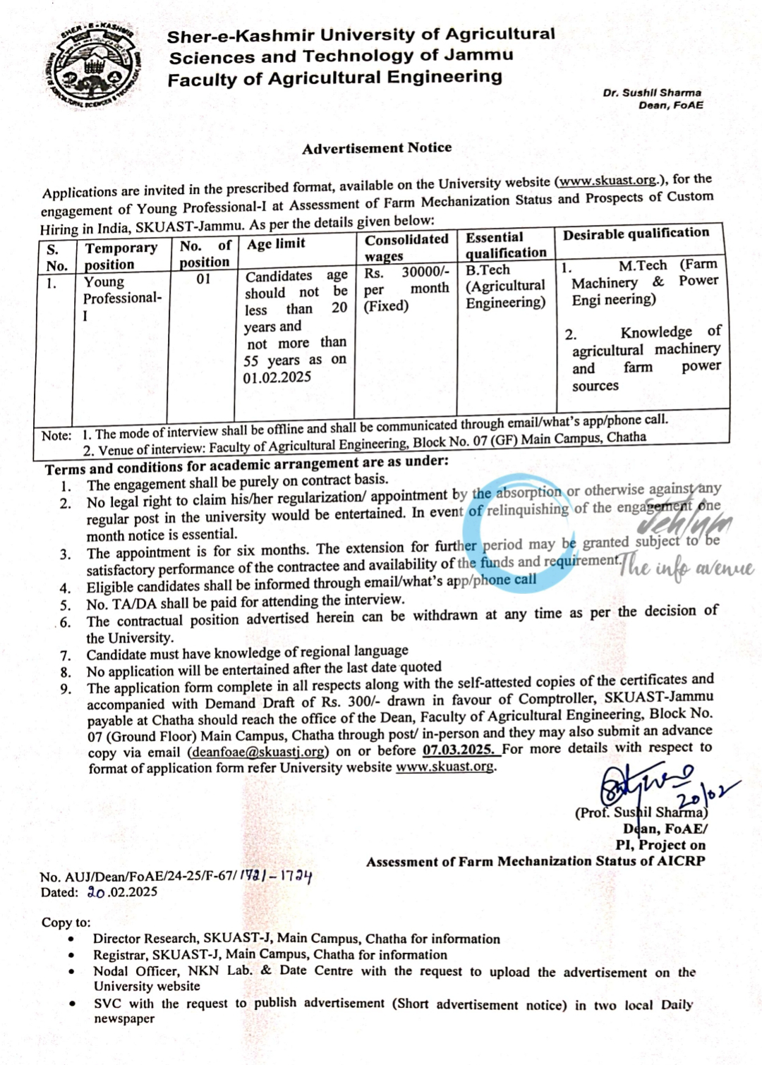 SKUAST Jammu Faculty of Agricultural Engineering Young Professional-1 Advertisement Notice No AUJ/Dean/FoAE/24-25/F-67/1721-1724