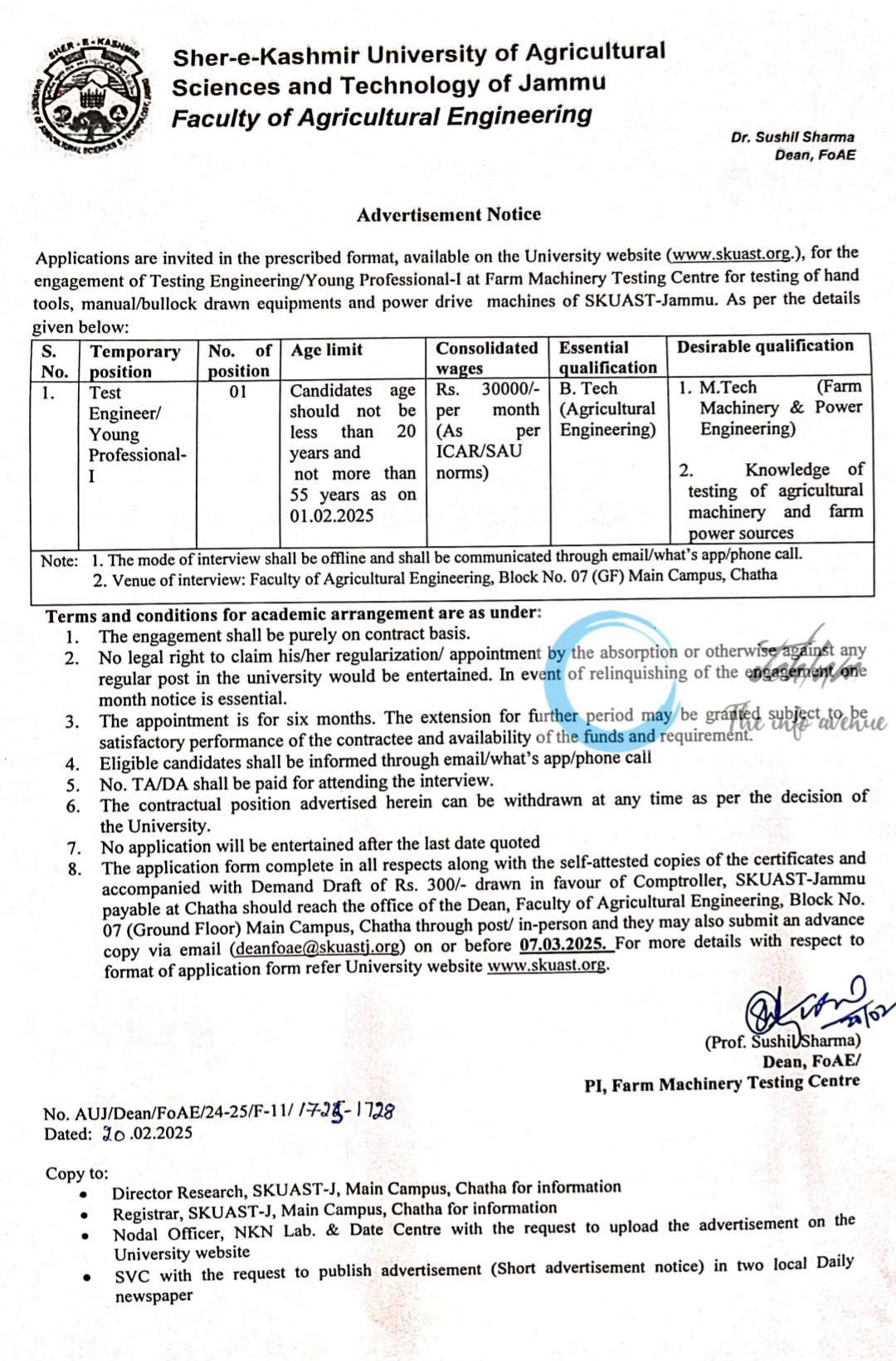 SKUAST Jammu Faculty of Agricultural Engineering Testing Engineering/Young Professional-1 Advertisement Notice No AUJ/Dean/FoAE/24-25/F-11/1725-1728