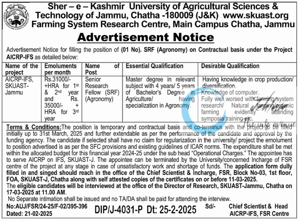 SKUAST Jammu Farming System Research Centre SRF Advertisement Notice 2025