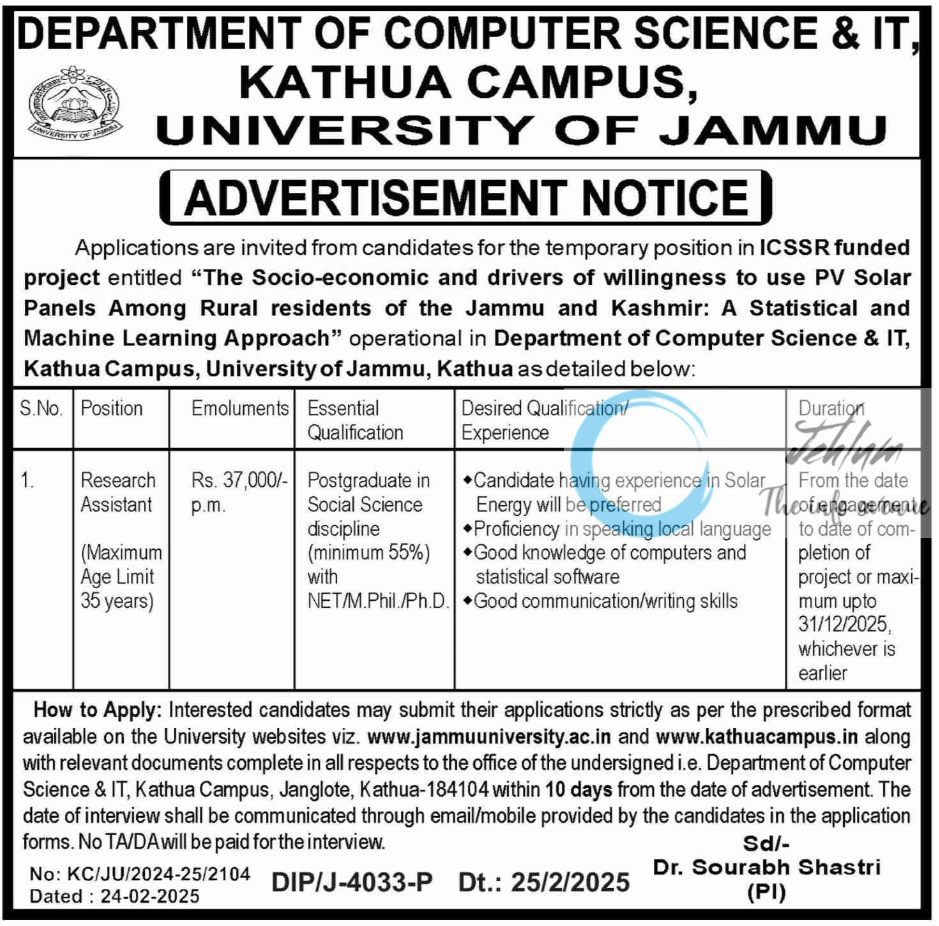 UNIVERSITY OF JAMMU KATHUA CAMPUS DEPARTMENT OF COMPUTER SCIENCE & IT RESEARCH ASSISTANT ADVERTISEMENT NOTICE NO KC/JU/2024-25/2104